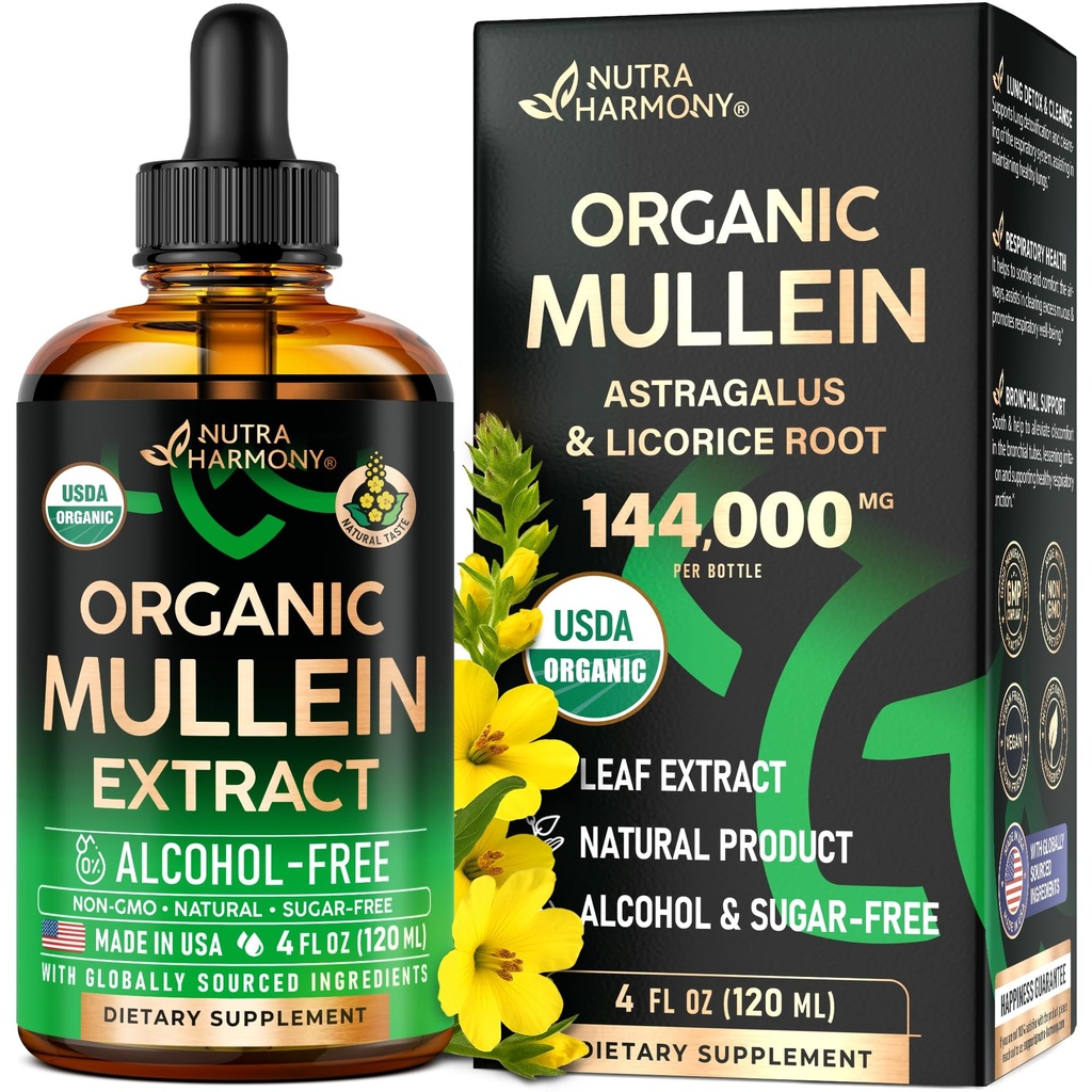 Gouttes de Mullein pour les poumons - USDA Organic Liquid - Supplément d'extrait de Mullein Leaf - Fabriqué aux États-Unis - Lung & Bronchial Cleanse pour les fumeurs - Respiratoire Health Support - Comme Teinture, Thé, Pills - 4 fl oz