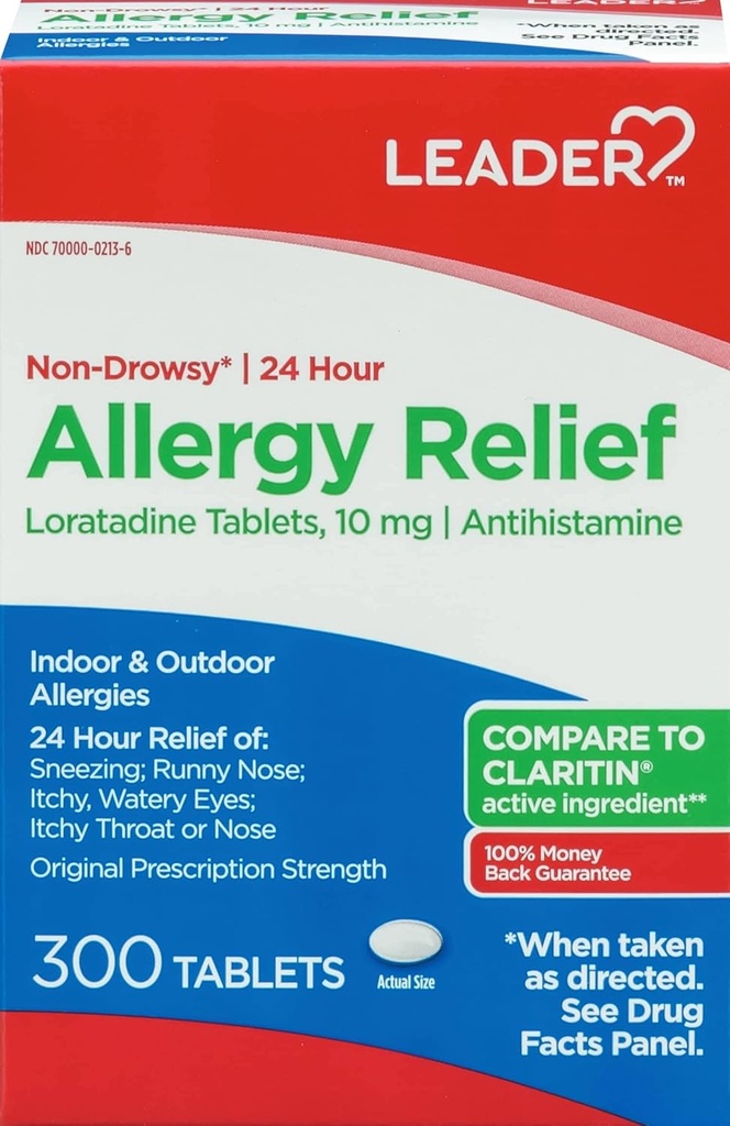 Leader 24 Hour Allergy Relief, Non-Drowsy, Loratadine 10mg, Antihistamin, Original Prescription Strength, Sinus Relief, Indoor und Outdoor, Counteract Allergy, 300 Tablets