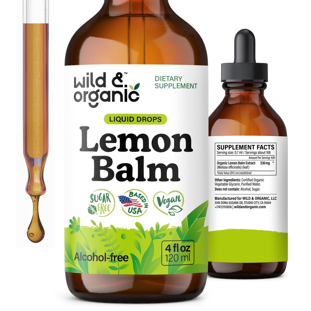 Wild & Organische Zitronenschale - Mood-Supplement - Melissa Zitronenschale Blatt Extrakt Tropfen - Vegan, Zucker &amp; Alkohol-Kokosfreie Kalkergänzung - 4 fl oz