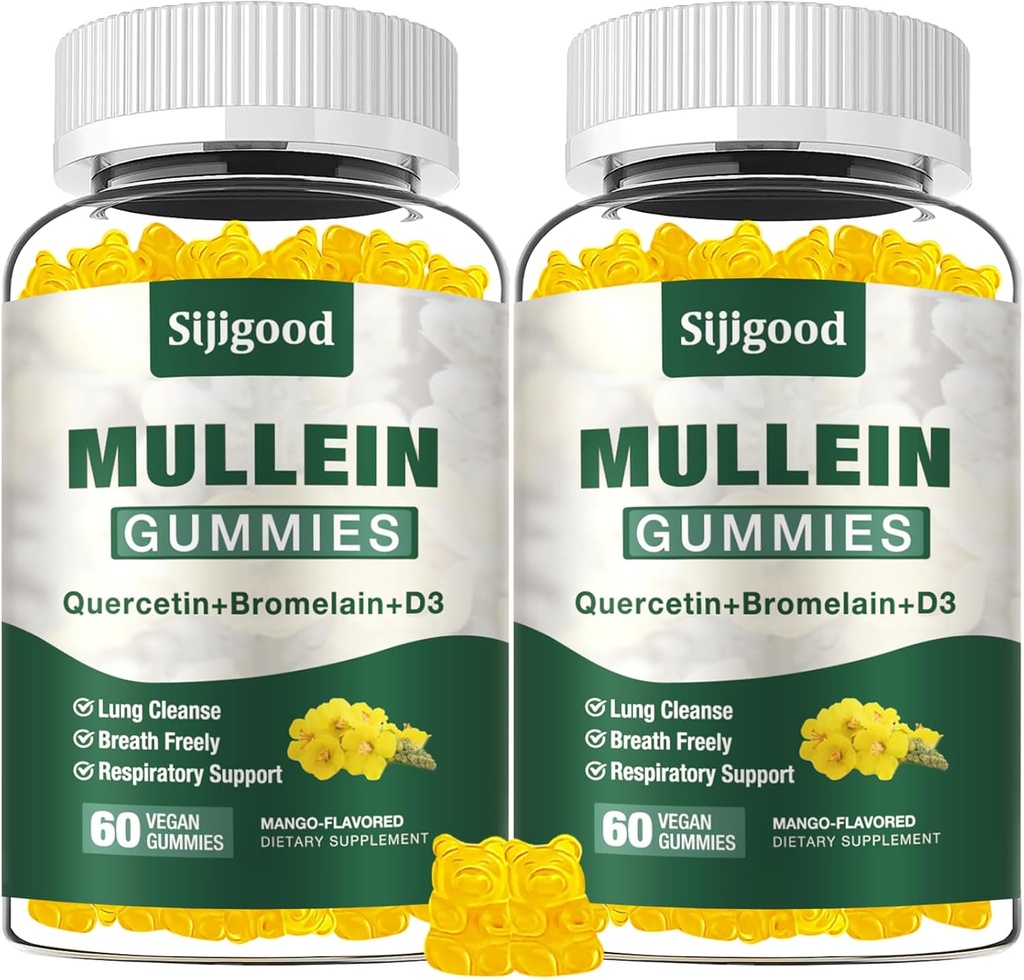 2 Pack Mullein Gummie für Lunge, Mullein Leaf Extract Supplement für Verdauungs- und Atemschutzunterstützung mit Bromelain, Quercetin, Mango Flavor, 120 Count