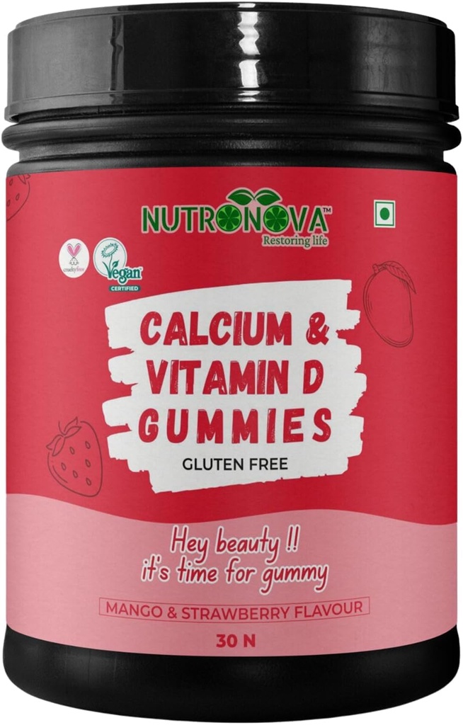 Generische Bewegung. Kalzium & Vitamin D Vegan-Gummien für Damen (30 Kaugummis, Mango & Erdbeer-Geschmack) mit Vitamin D 200IU und Kalzium für starke Zähne und Knochen, Nautral