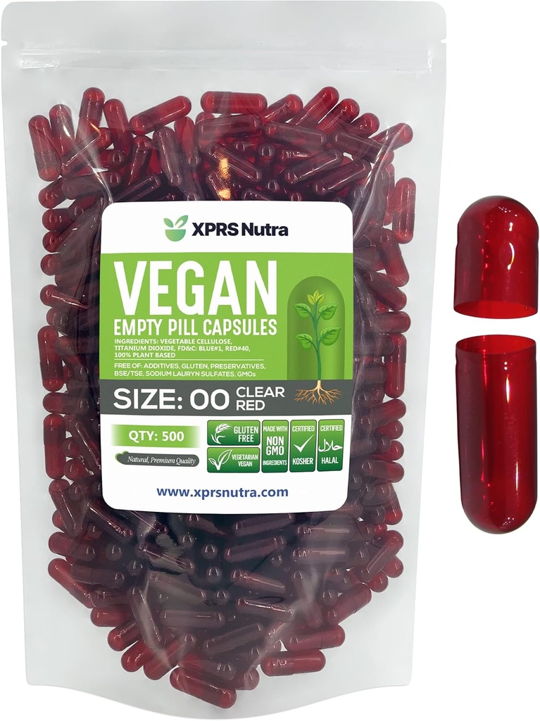 XPRS Nutra Größe 00 Leere Kapseln - 500 Zähler leere vegane Kapseln - Vegetarische leere Pillen - DIY Gemüse Kapsel Füllung- Veggie Pillen Caps (Clear Red)
