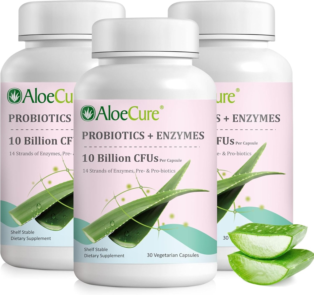 AloeCure Daily Probiotics 10 Billion CFU für Verdauungsunterstützung 8 Strains, 6 Präbiotika & Enzyme - Verdauungsergänzung mit Bromelain für Frauen & Männer - Gut-Unterstützung, Verdauungshilfe, 30 Caps x 3btls