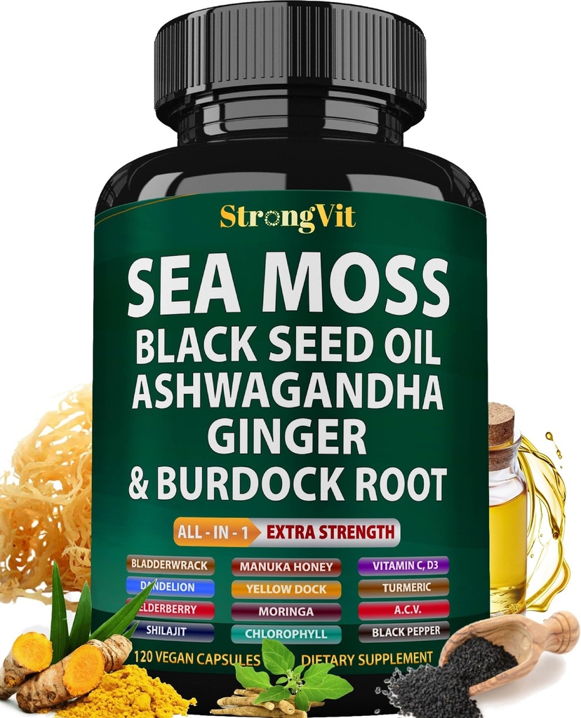 Sea Moss Black Seed Oil Ashwagandha Ginger, Organic Sea Moss Capsules mit Burdock Root, Irish Seamoss Pills mit Bladderwrack, Turmeric, Shilajit, Multimineral Supplement, USA (120 Kapseln)
