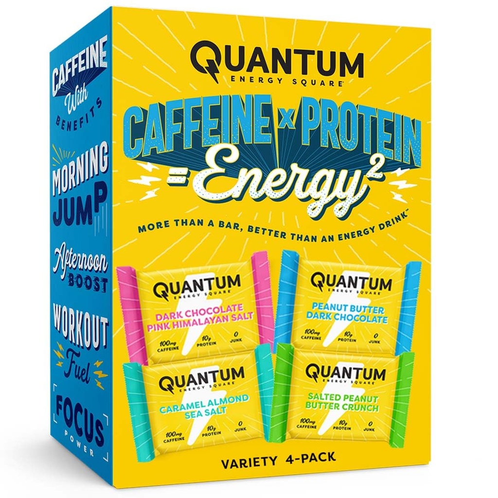 Quantum Energy Square - Energy Bar mit Koffein & 10g Protein, Gesunde Snacks auf dem Go - Vegan, Glutenfrei, Soja & Dairy-frei - Vielfalt 4-Pack