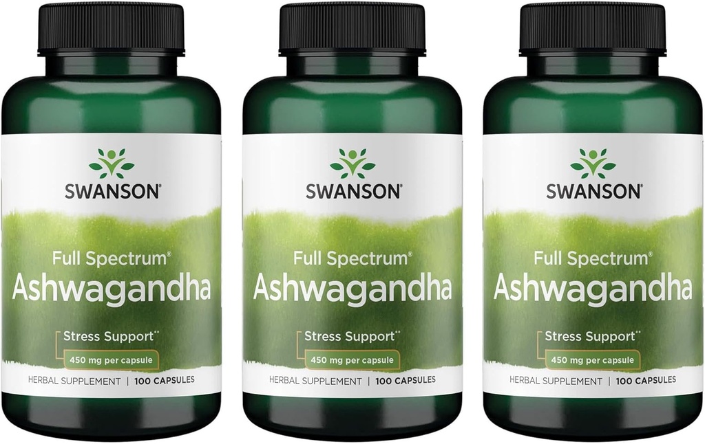 Swanson Ashwagandha Powder Supplement-Ashwagandha Root Förderung Stress Relief & Energie Unterstützung-Ayurvedische Ergänzung für natürliches Wellness (100 Kapseln, 450mg Jeder) 3 Packung