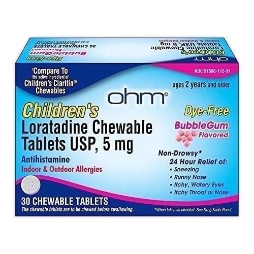 Ohm Kinder Loratadine Chewable, Dye Free, Bubblegum, Non-Drowsy 24h Relief von Niesen, Runny Nose, Wassery Eyes, Itchy Throat oder Nase, Antihistamin, Indoor & Outdoor Allergien, 5mg, 30 Tabletten