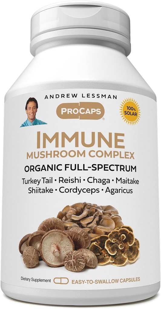 ANDREW LESSMAN Immune Mushroom Complex 30 Capsules – Mélange bio à spectre complet de sept champignons – Soutient une fonction immunitaire saine – Pas d'additifs. Supplément complexe de champignons