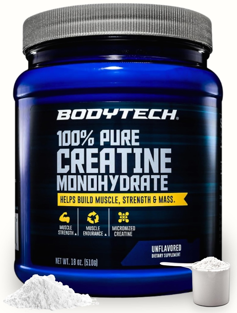 BODYTECH 100% poudre monohydratée de créatine pure - Creatine micronisée premium pour renforcer la force et la performance musculaires - soutient les muscles, la récupération et l'exercice accru (18oz/102)