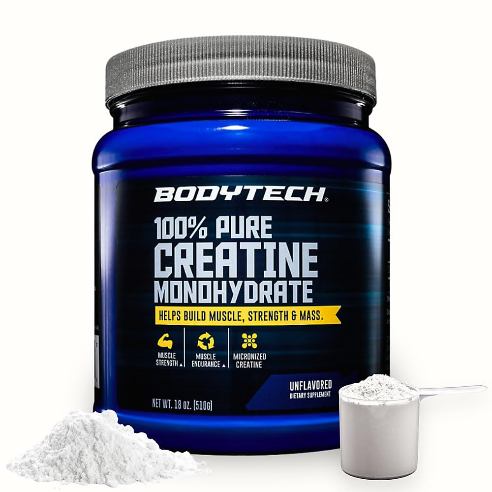 BODYTECH 100% reines Kreatin-Monohydrat-Pulver - Premium Micronized Creatine für verbesserte Muskelkraft und -leistung - unterstützt Muskeln, Erholung und erhöhte Übung (18oz/102 Portionen)
