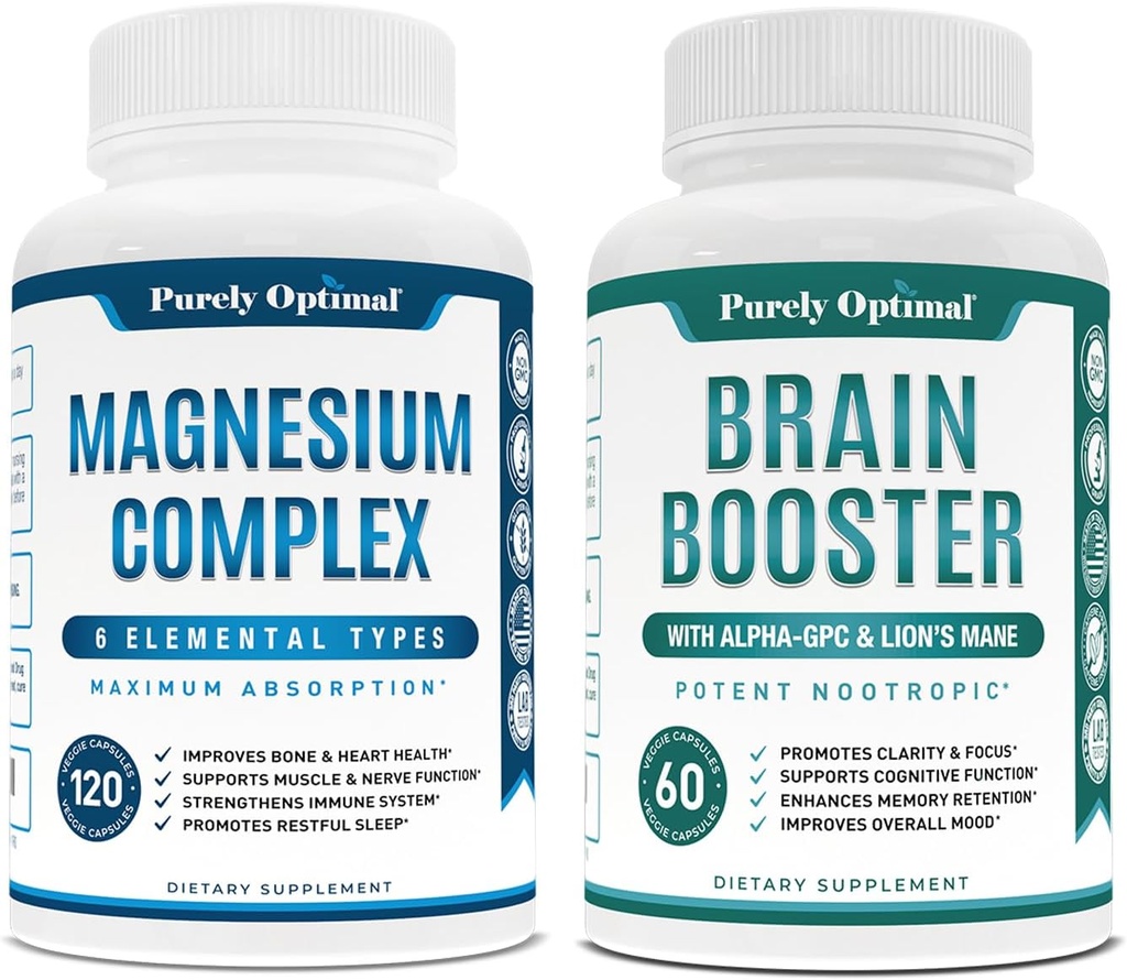 Magnesium Complex Supplement - Citrate, Malate, Taurate, Oxide, Bisglycinat Chelate, Aspartate + Brain Supplement - Nootropic Brain Booster für Fokus, Klarheit, Verbessertes Gedächtnis, Konzentration