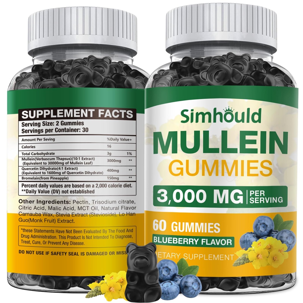 1 emballage sans sucre 3000MG Gommies Mullein - Lung Cleanse, supplément d'extrait de feuille Mullein pour les gouttes de Mullein respiratoire et biologique avec Quercetin et Bromelain pour la santé pulmonaire, digestif et immunitaire