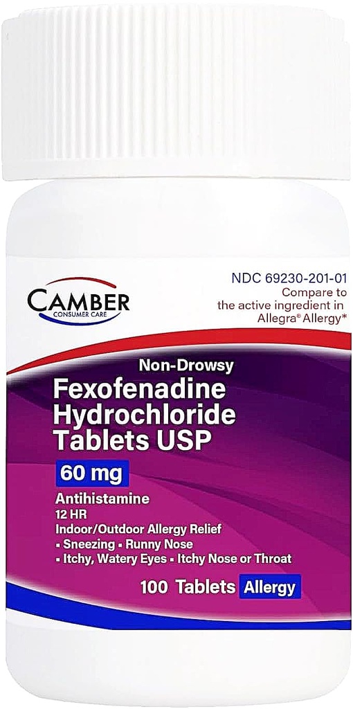 Comprimés anti-allergie à l'intérieur de l'antihistaminique Fexofenadine non somnolente Camber à l'extérieur 60Mg 100 Compte