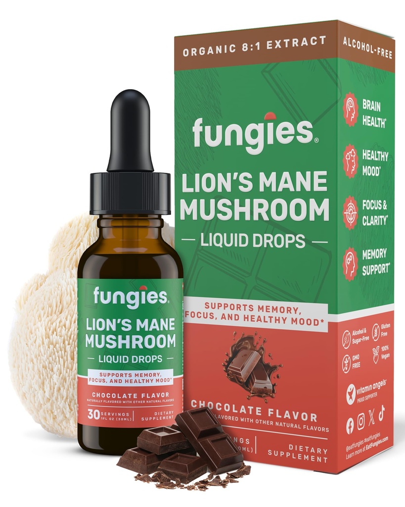 Fungies Lion's Mane Mushroom Liquid Drops, Schokolade - Tinktur mit Lions Mane Extract unterstützt Brain Fog, Focus, Memory & Healthy Mood - Pilz Complex Supplement für Erwachsene - 30 Servierungen
