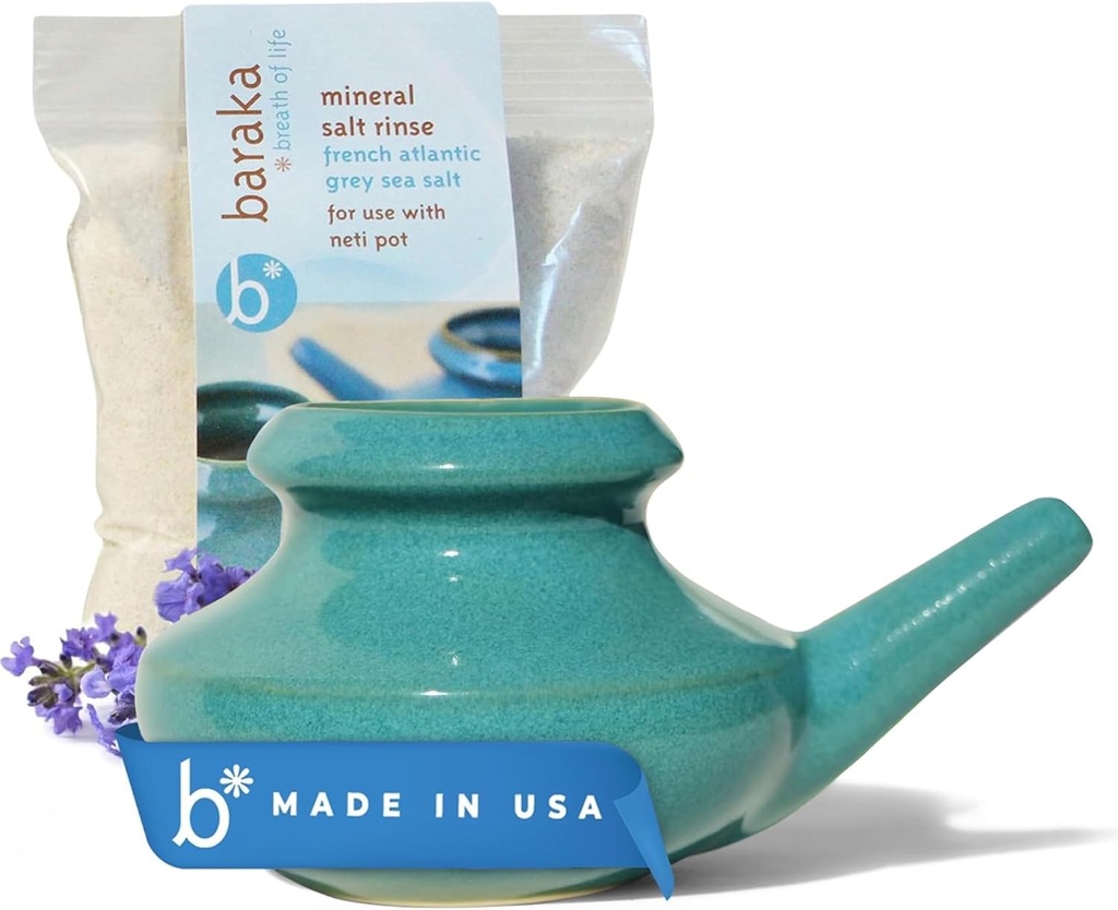 Baraka Neti Pot Tool Kit - Snoring & Saline Lösung, handgefertigte Keramik Geschirrspüler Safe mit 2oz Mineral Sea Salz für Nasenreinigung & Sinus Rinse perfekt für Allergy Relief in Erwachsene & Kinder (Jade)