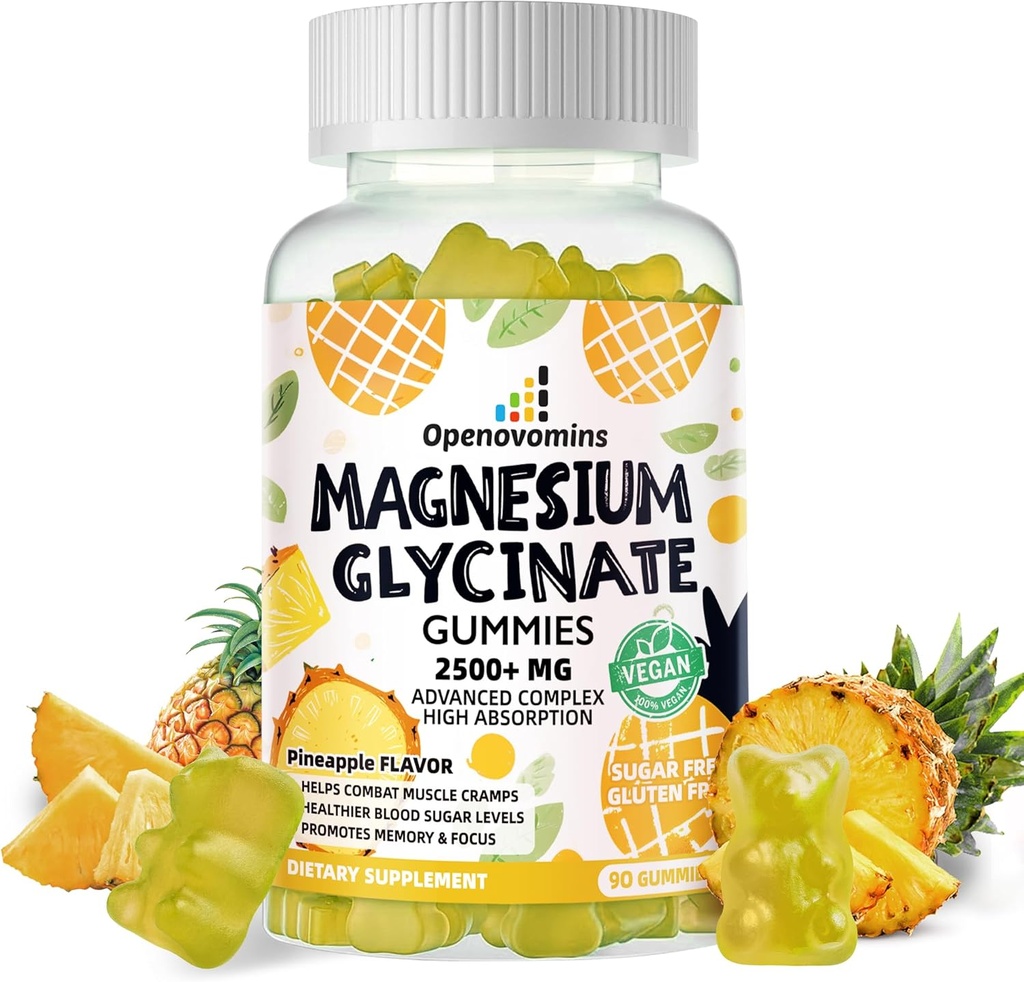Glycinat de magnésium 2500mg - Supplément de potassium de magnésium sans sucre avec vitamine D, B6, CoQ10 pour l'humeur calme et le soutien du sommeil - 90 Gummies d'ananas
