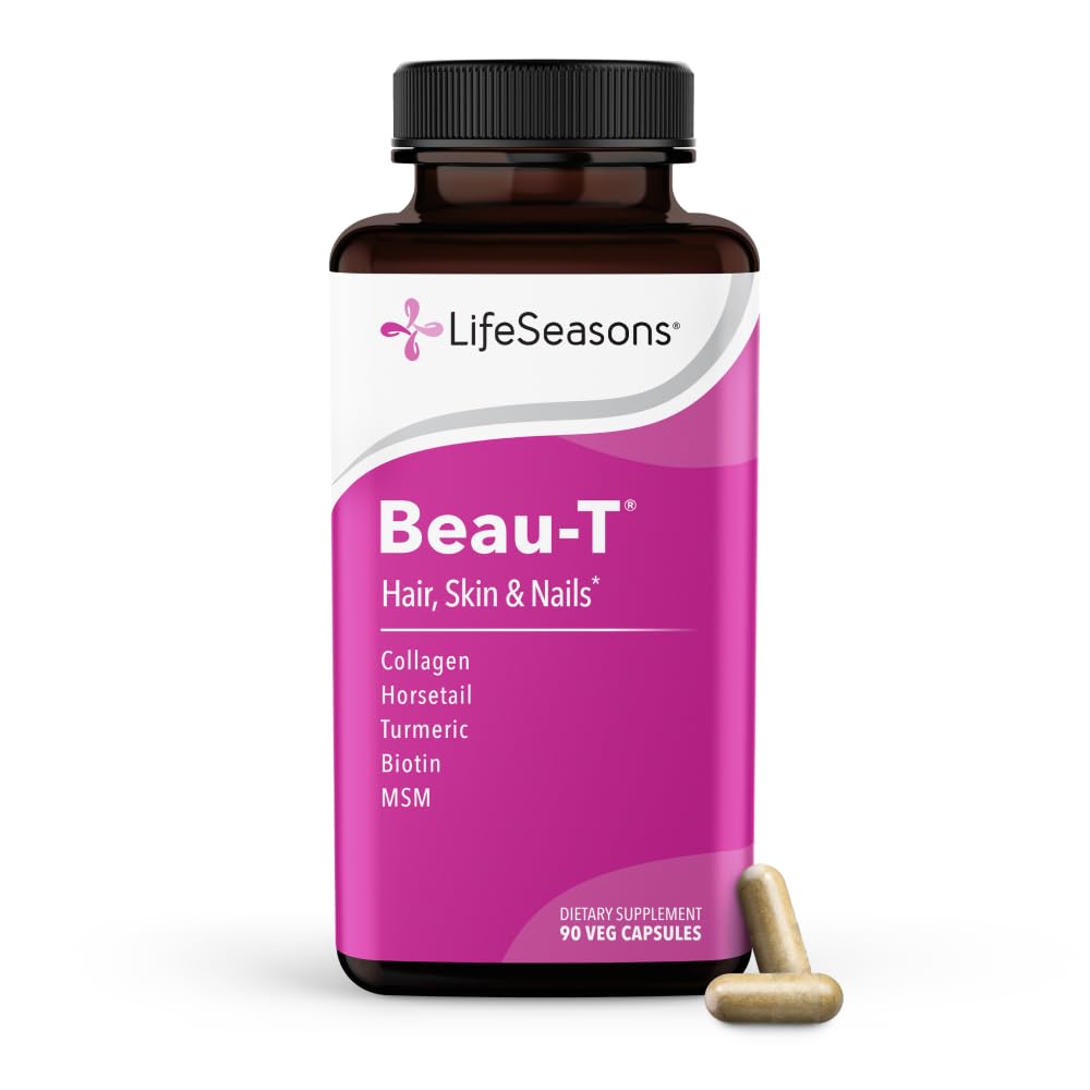 LifeSeasons Beau-T - Supplément cheveux, ongles et soins de la peau - Promotion de la croissance des cheveux et ongles sains - Soutien de la peau claire et luttes Acné - Resserrement des ongles - Contient Biotine Collagen Turmeric - 90 Capsules