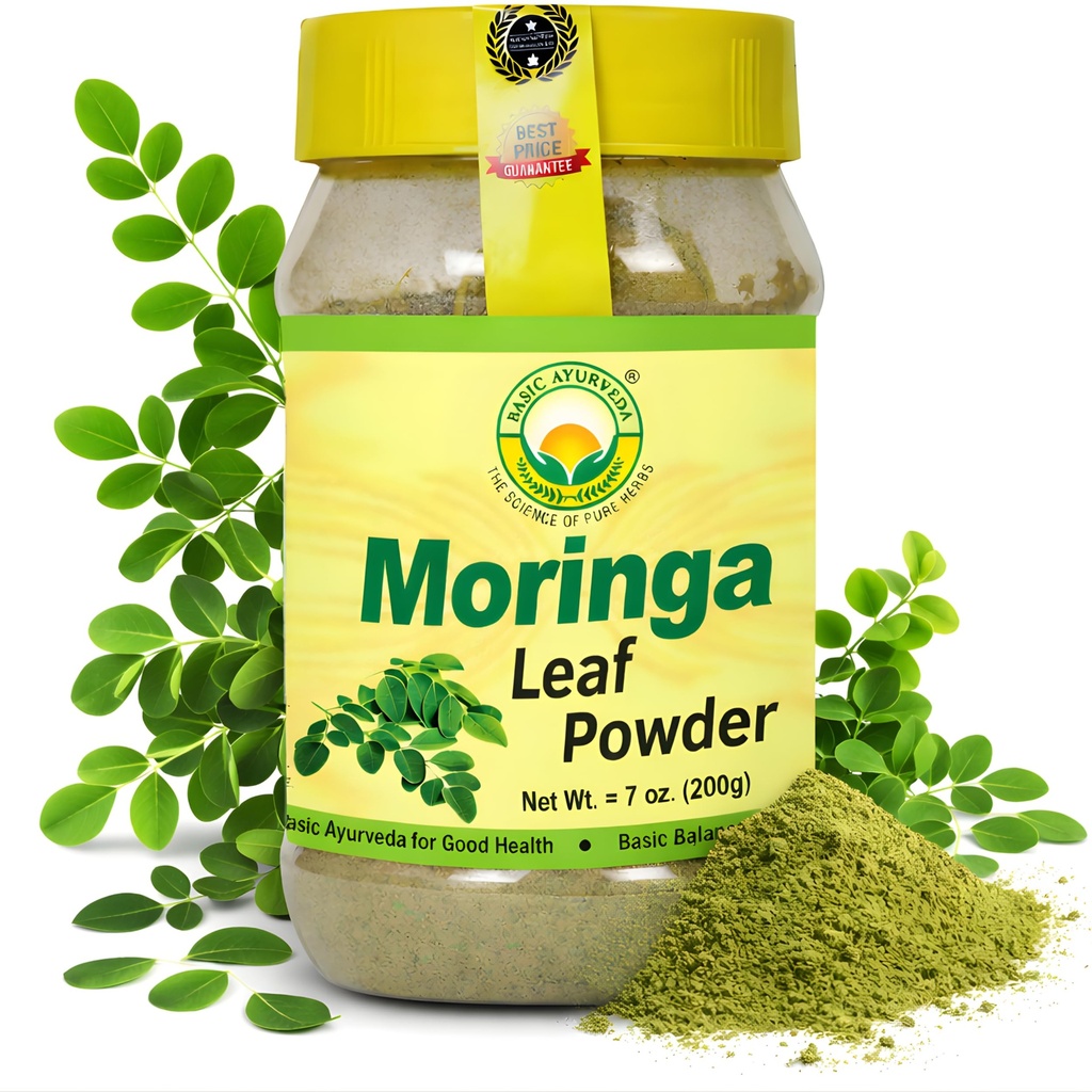 BASIC AYURVEDA Moringa Blattpulver | 7,05 Oz (200g) | Reich an Antioxidantien | Vegan, Nicht-GVO & Getrocknetes grünes Superfood | Einfach zu verwenden in Smoothies, Kräutertees, Getränken & Kochen