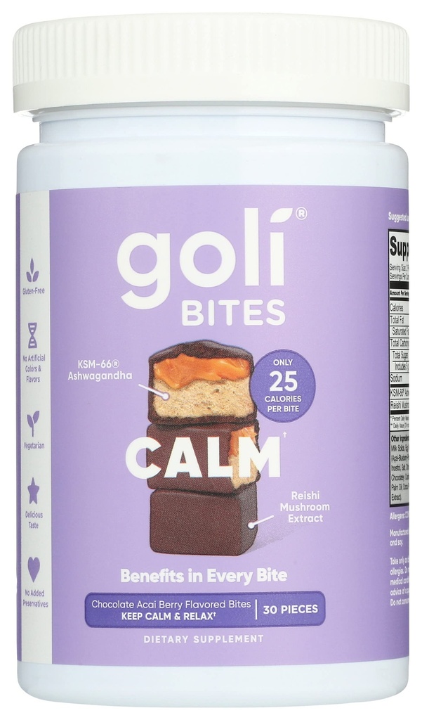 Goli Nutrition Calm Ashwagandha Biss Schokolade Acai Berry Flavor, Koffeiniert, Vegetarisch, Glutenfrei und keine zusätzlichen Konservierungsmittel, 30 Stück (Pack von 1)