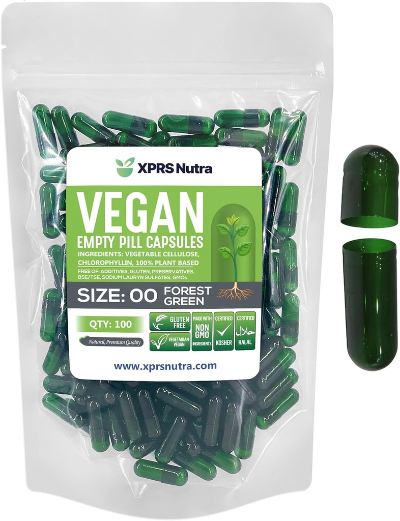 XPRS Nutra Größe 00 Leere Kapseln - 100 Zähler leere vegane Kapseln - Vegetarische leere Pillen - DIY Gemüse Kapsel Füllung- Veggie Pillen Caps (Forest Green)