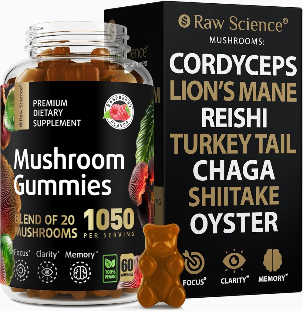 Pilze Complex Gummis mit Lions Mane, Nootropic Brain Ergänzungen für Gedächtnis und Fokus: Lion's Mane, Cordyceps, Shiitake, Turkey Tail, Reishi, Chaga, Enoki, Oyster Mushroom Supplement - 60 Einheiten