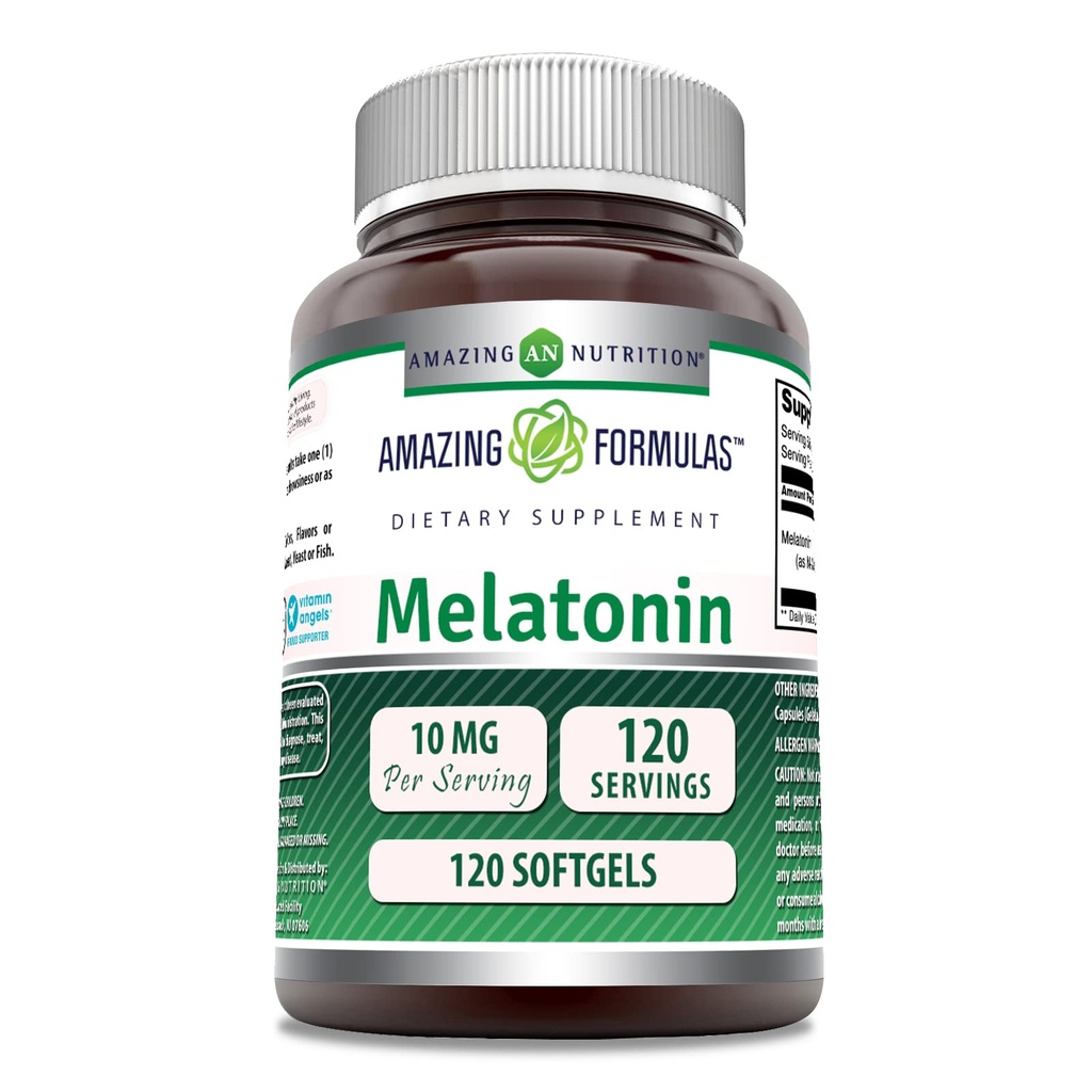Amazing Nutrition Melatonin 10mg Supplément de softgels (non-OGM) Sans gluten (120 Nombre)