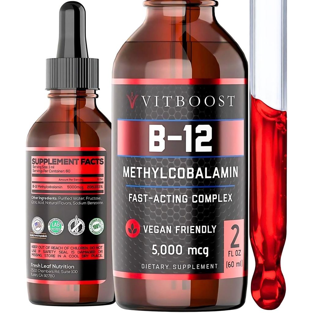Vegan Liquid B-12 Tropfen – 60 x 5000 mcg Extra Strength Himbeer Flavored Vitamin B12 Flüssige Methylcobalamin sublingual Supplement | Entwickelt, um Absorption & Energie | Glutenfrei