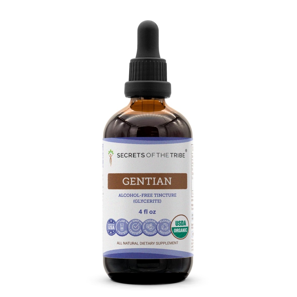 Secrets of the Tribe Gentian USDA Organic | Alkoholfreier Extrakt, hochkarätige Kräutertropfen | Made from 100% Certified Organic Gentian (Gentiana Lutea) Getrocknete Wurzel (4 oz)