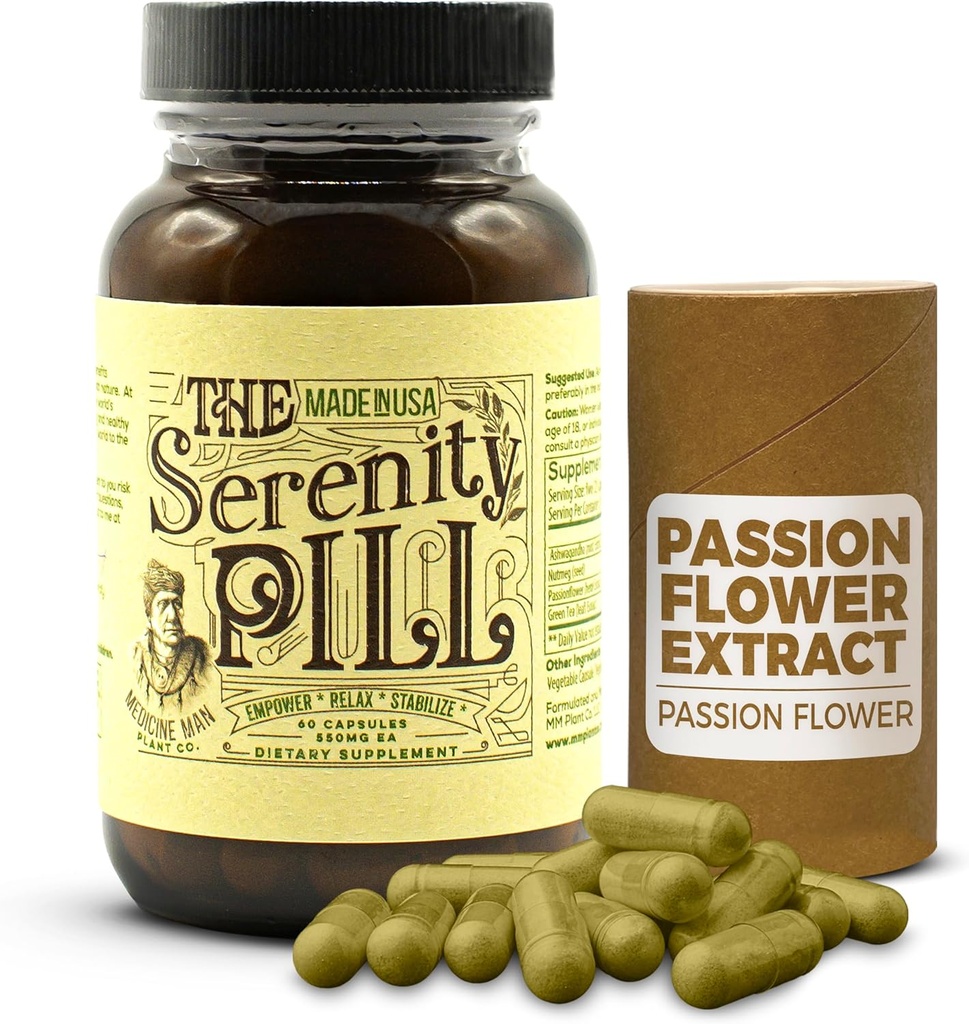 Die Serenity Pille 60 Caps - Organic Mood Pills & Anti Stress Ergänzung w/Ashwagandha Root Extract, Passion Flower Extract, Nutmeg & Green Tea Extract - Natürliche Passion Blumenergänzung für Stress