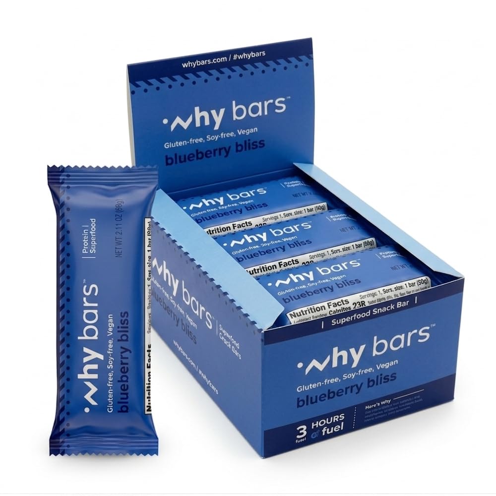 Warum Bars, Protein Bars, Blueberry Bliss, 2.04 Unnce Bars (Pack mit 12 Protein Bars) - Protein Bar Superfood, Gluten Free, Non GMO, Organic, Vegan, Einfache Zutaten
