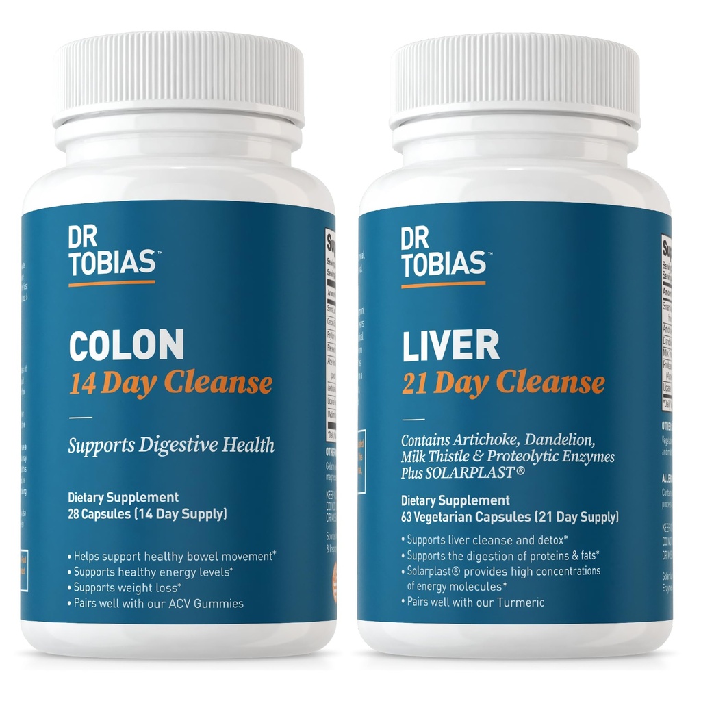 Dr Tobias Colon 14 Day Cleanse & Liver 21 Day Cleanse Suppléments, avec fibre, herbes et probiotiques, Solarplast, Artichaut, Thistle de lait, soutient la santé du foie et du gant.