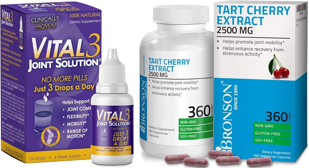 Vital 3 Joint Solution® Clinical Proven Liquid Knee Relief Supplement + Bronson Tart Cherry Extract 2500 mg Vegetarische Kapseln