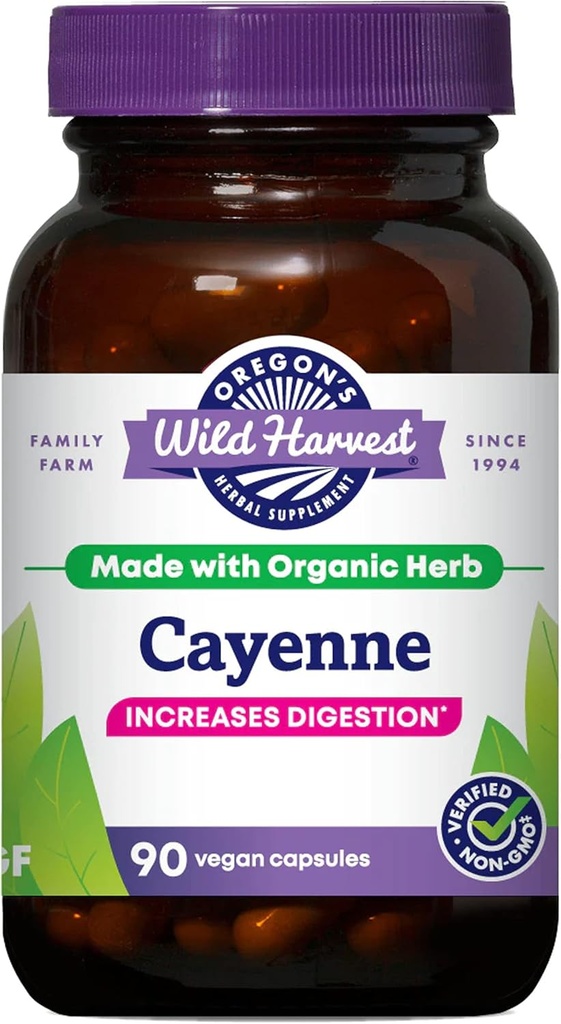 Gélules sans OGM Cayenne de la récolte sauvage de l'Oregon, suppléments à base de plantes biologiques, 90 comtes