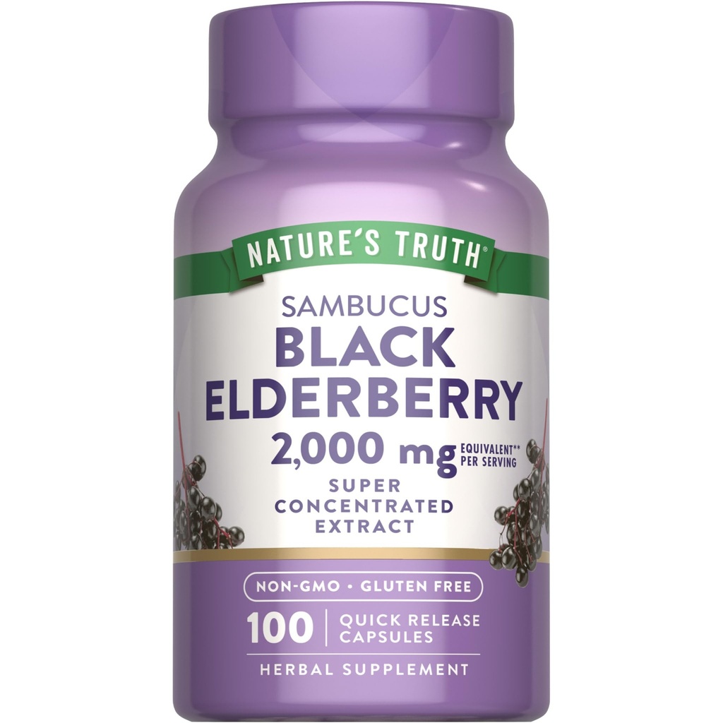 Nature's Truth Black Elderberry Capsules | 100 Count | Super Concentrated Sambucus Extract | Non-GMO und glutenfreie Ergänzung