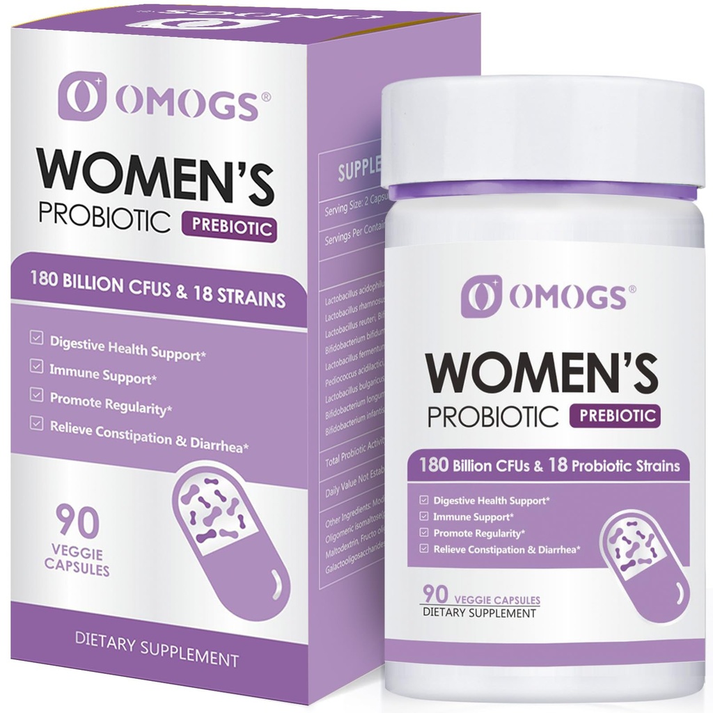 OMOGS Women's Probiotic 180 Billion CFUs 18 Strains, with Organic Prebiotics, Cranberry Extract, D-Mannose & Digestive Enzyme, für Verdauungs-, Boost Immune, PH Balance & Urethral Health, 90 Kapseln
