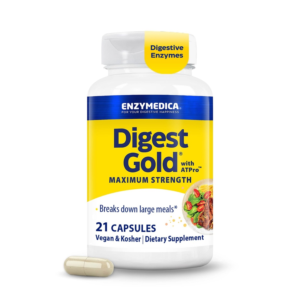 Enzymedica Digest Gold + ATPro, Maximum Strength Enzyme Formula, verhindert Bloating und Gas, 14 Schlüsselenzyme einschließlich Amylase, Protease, Lipase und Lactase, 21 Kapseln (FFP)