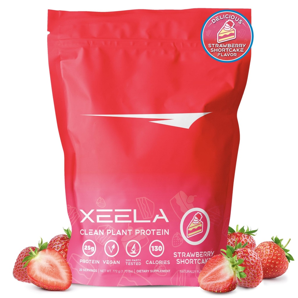 XEELA Plant Based Vegan Protein Powder - Unabhängig getestet - 25g High Protein, Pea Protein für Männer & Frauen - Vitamine & Minerals, Non GMO, Dairy & Gluten Free, LowCarb & LowFat (Strawberry Cake)
