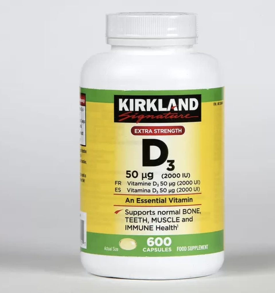 Kirkland Signature Extra Strength Vitamin D3 2000 I.U. 600 Softgels, Flasche
