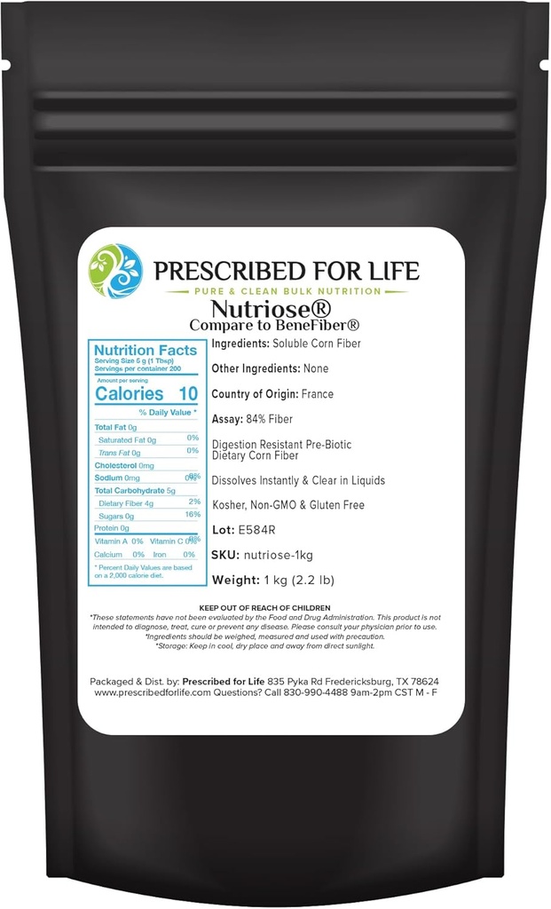 Prescribed for Life Nutriose Powder, Natural Fiber Supplement, Prebiotic Soluble Corn Fiber für Erwachsene, Glutenfrei, Vegan, Non GMO (1kg / 2.2lb)