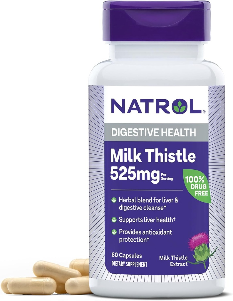 Natrol Thistle de lait 525 mg par portion, supplément alimentaire pour la santé digestive, supplément de chardon de lait, 60 capsules, 30 jours d'approvisionnement