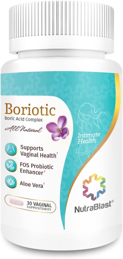 NutraBlast Borsäure Vaginal Suppositories Complex w/Aloe Vera & FOS Prebiotic Enhancer | Alle natürlichen Boriotic | Made in USA (30 Count)