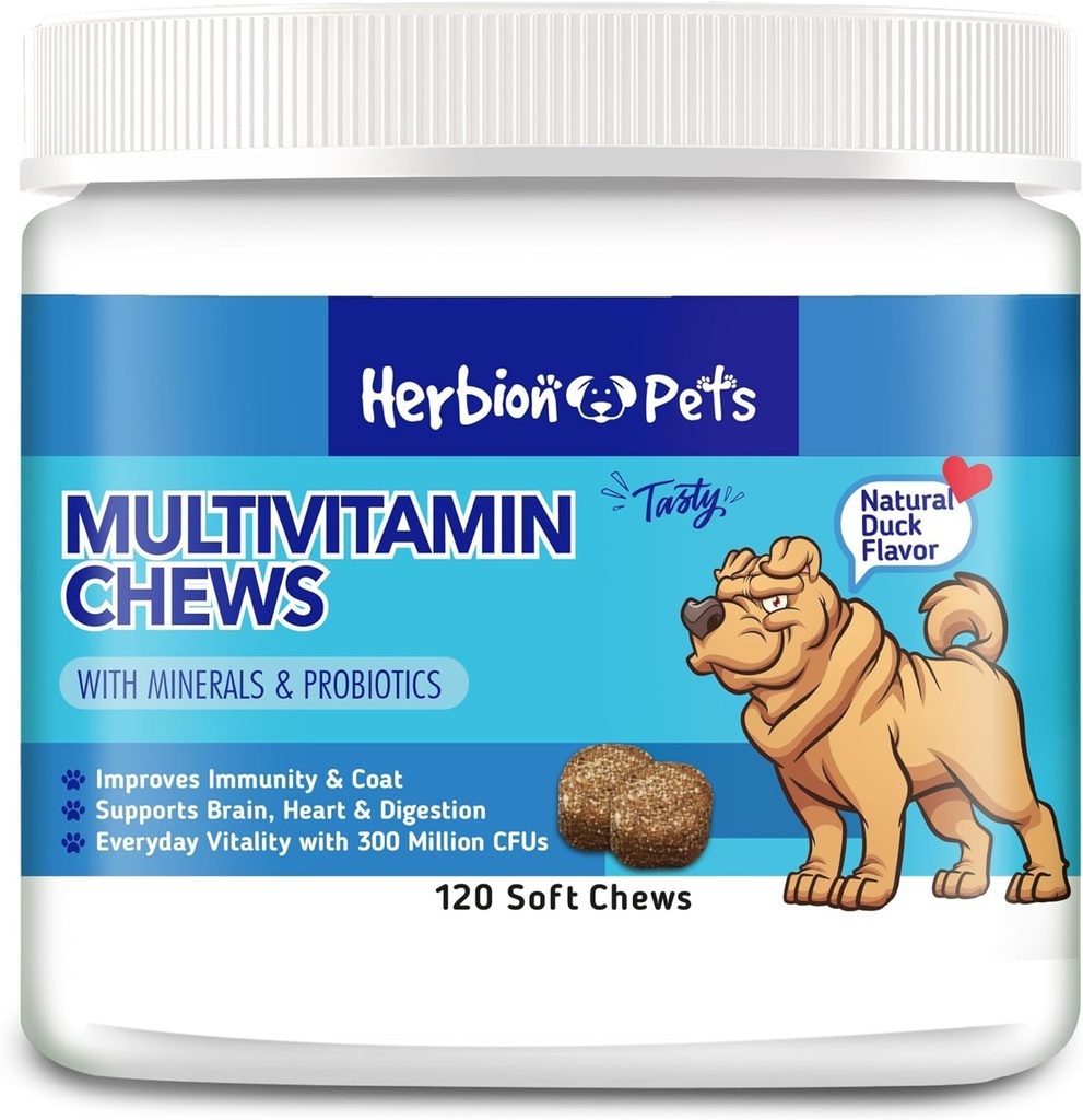Herbion Tiere Multivitamin Kauen mit Mineralien & Probiotika, verbessert Immunität & Coat, unterstützt Verdauung, Gehirn & Herz Gesundheit, Delicious Natural Duck Flavor, Hundeergänzungen & Vitamine, Packung von 1