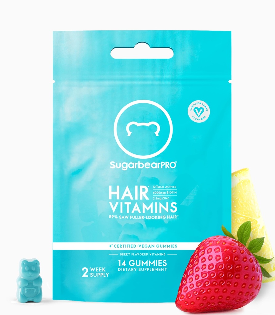 SugarBearPro Hair Vitamin Gummy 14 Tage Versorgung Extra Stärke Biotin 6000mcg, Wachstum für Männer & Frauen, Vegan Vitamin B12, MSM, Inositol, Omega 3, Elderberry, Zertifizierte Kosher, Halal, Cruelty Free