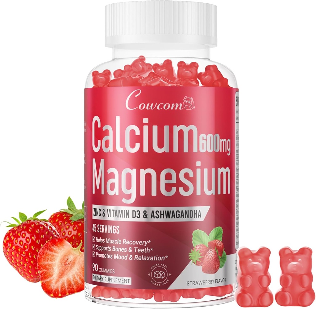 Calcium-Magnesium Zink-Gummien & Vitamin D3,B6,B12,Immune & Unterstützung Knochen Gesundheit Calcium-Magnesium-Ergänzung für Frauen,Sugar-Free Vegan Erdbeeren Flavor 90 Zähler