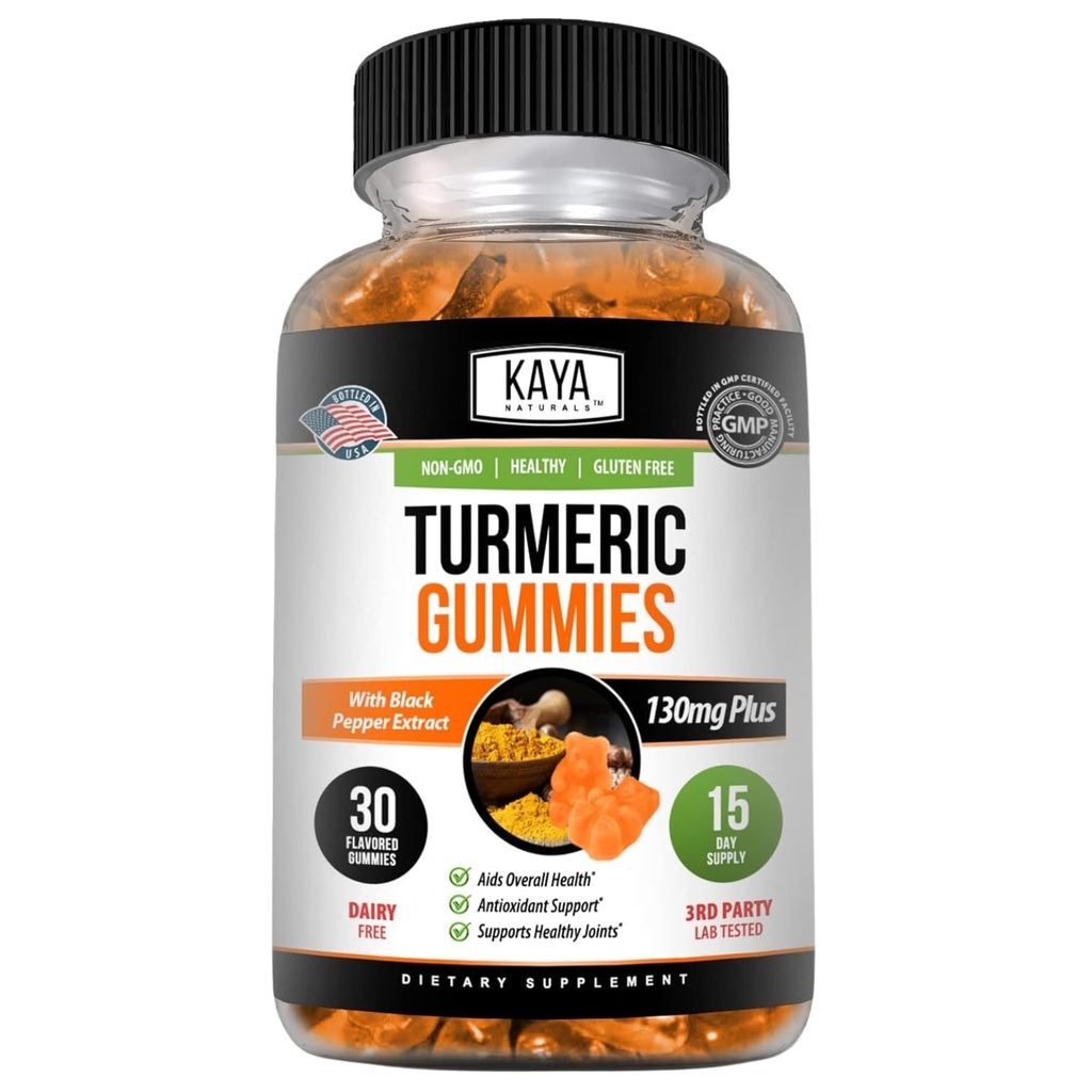 Kaya Naturals Suppléments curcuma Gummies - Curcumine curcuma pur nature - Gingembre curcuma - 30 Gummy de compte - Turcuma avec extrait de poivre noir