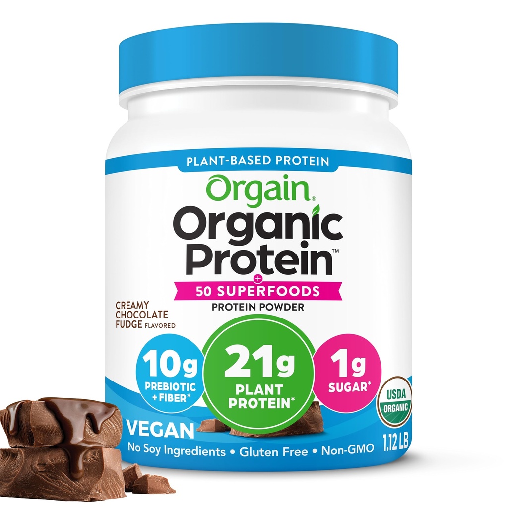 Orgain Organic Vegan Protein + 50 Superfoods Pulver, Creamy Chocolate Fudge - 21g Pflanzen basiertes Protein, 10g Prebiotic Fiber, keine Lactose Zutaten, Glutenfrei, Ohne Zusatz von Zucker, Non-GMO, 1.12 lb