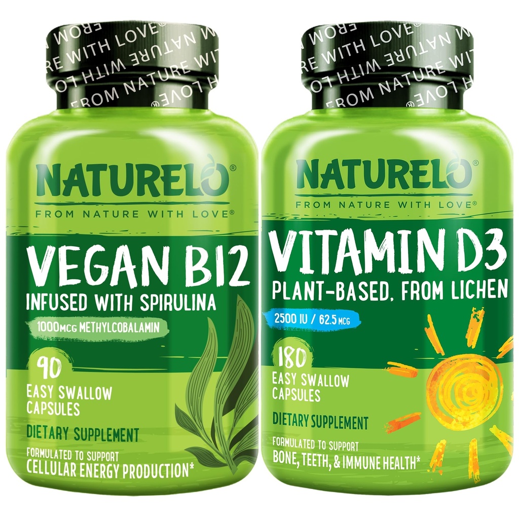 NATURELO Vitamin D - Pflanze aus Lichen - 180 Mini Kapseln, Vegan B12, 1000 mcg Methylcobalamin - 90 Kapseln