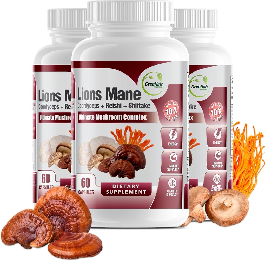 GreeNatr Complete Mushroom Supplement -10 in 1 Komplex mit Lions Mane, Cordyceps, Shiitake, Chaga, Türkei-Tail für Immununterstützung, Memory, Focus & Natural Energy Booster - 180 Kapseln (3 Flaschen)