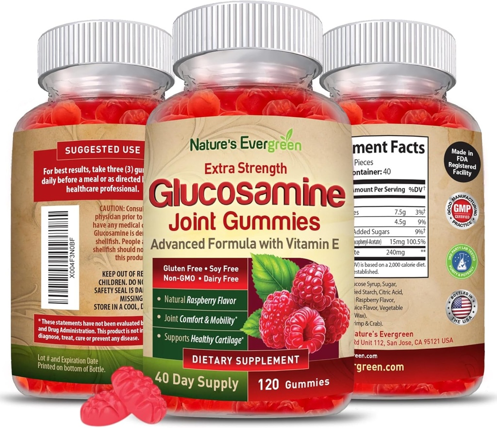 Extra Strength Glucosamine Joint Support Gummy Supplement | Natural Joint Health Support & Flexibilität für Rücken, Knie, & Hände | Vitamin E für Immununterstützung für Frauen & Männer | 120 Gummi