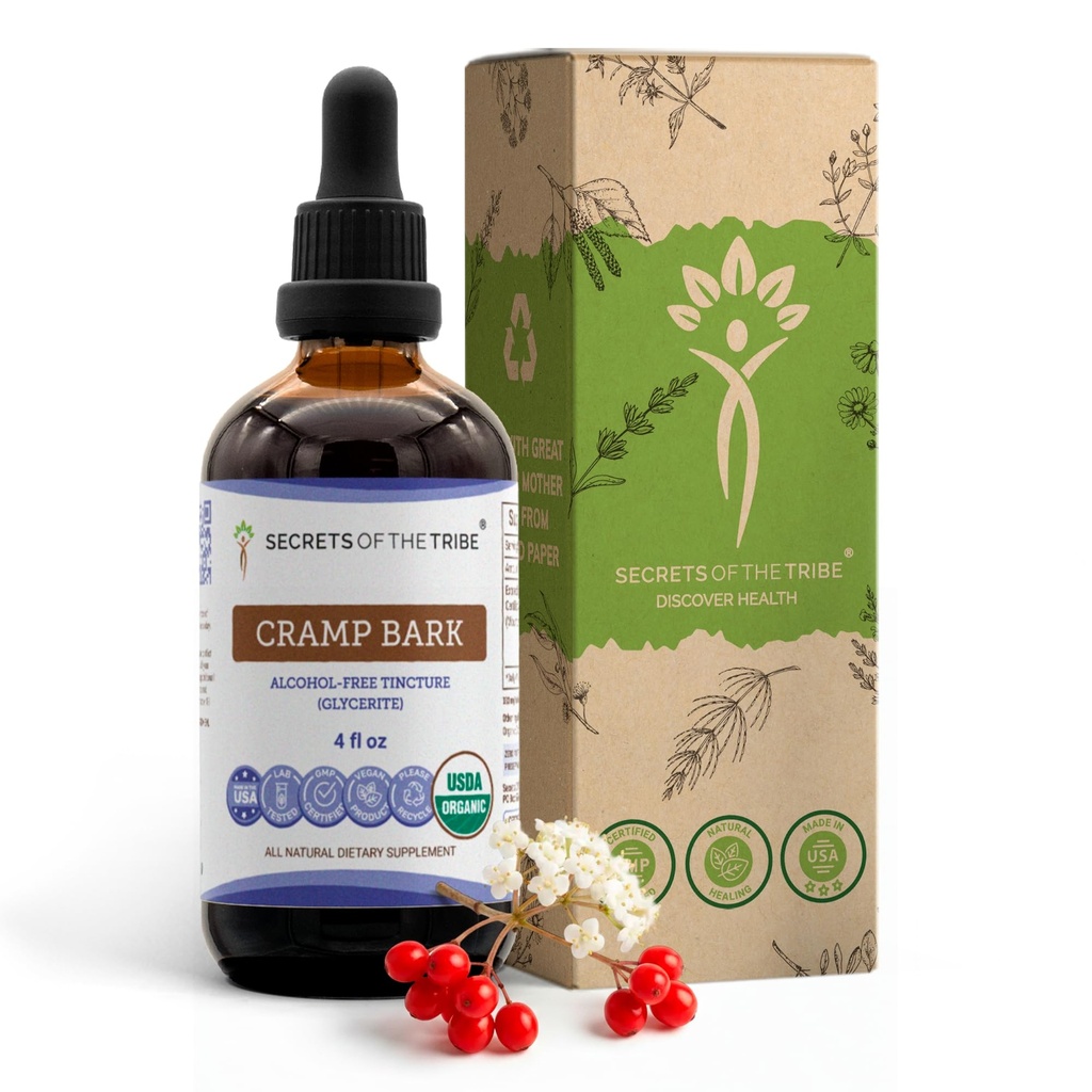 Secrets of the Tribe Cramp Bark USDA Organic | Alkoholfreier Extrakt, hochauflösende Kräutertropfen | Hergestellt aus 100% zertifizierter Bio-Krebsrinde (Viburnum Opulus) Getrocknete Rinde 4 Unze